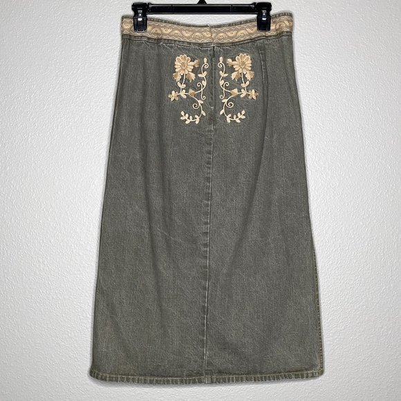 Willi Smith Gray Distressed‎ Faded Tan Embroidery Skirt Size 8 - Picture 3 of 14